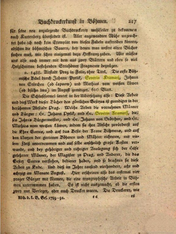 Abb. Neuere Abhandlungen der k. Böhmischen Gesellschaft der Wissenschaften - Seite 217 über Severin Kramarz