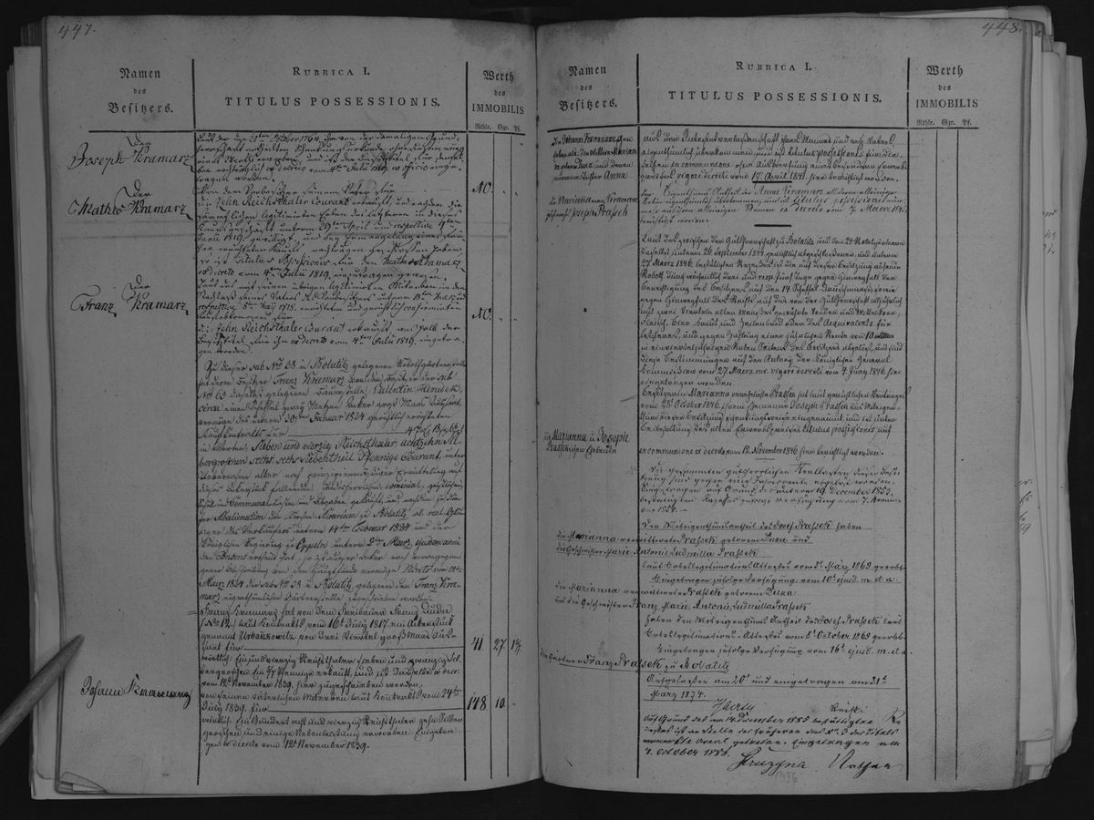 Abb. aus dem Grundbuch des Königlich Preussischen Oberamtsgerichts Hultschin, hier die Seiten 447 und 448 mit einigen Einträgen zu Mitgliedern der Familie Kramarz