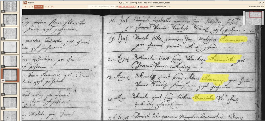 Kirchenbuch-Seite mit dem Namen Kramarz aus 1715